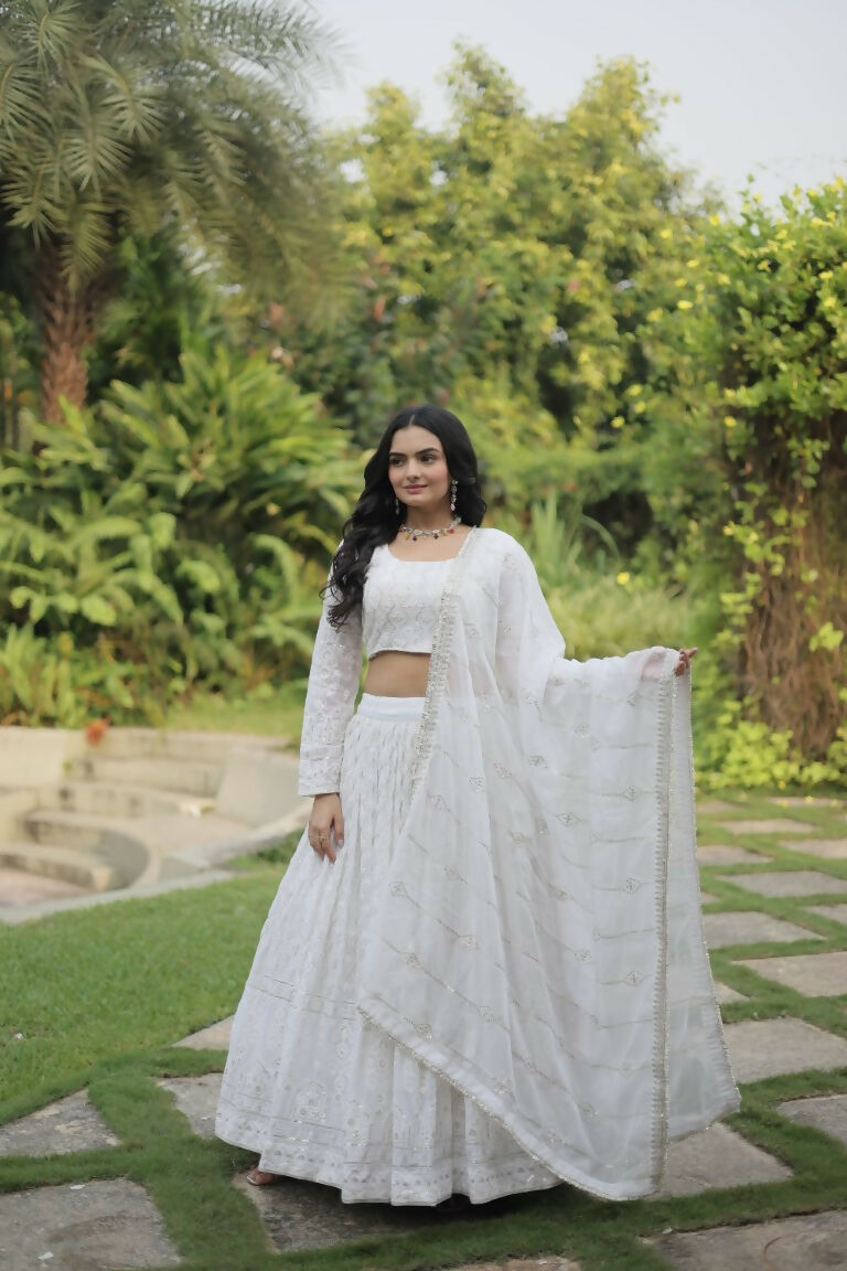 Vastranavya Faux Georgette With Sequins & Thread Embroidered Work Lehenga Choli - White