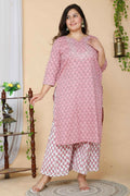 Miravan Women's Plus Size Pink Floral Printed Gotta Patti Pure Cotton Kurta With Palazzo