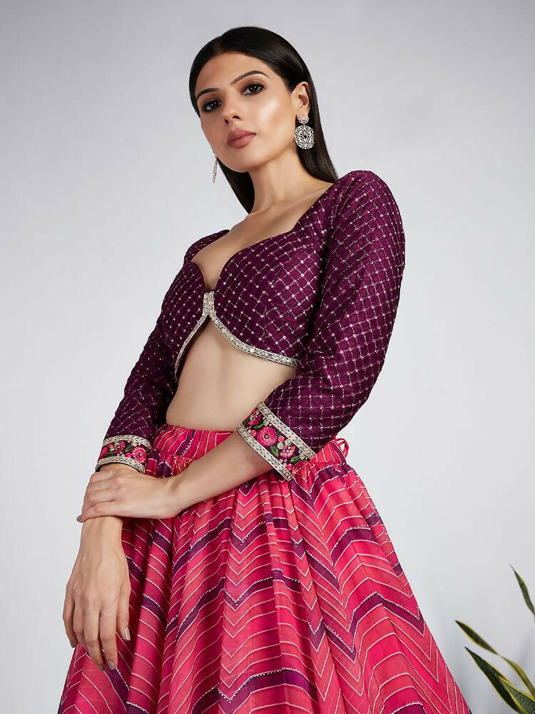 House of Panchhi Rose Organza Siroski Stone Work Leheriya Print Lehenga Choli & Dupatta