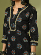 Myshka Women's Black Printed Cotton Straight Party Kurta Set