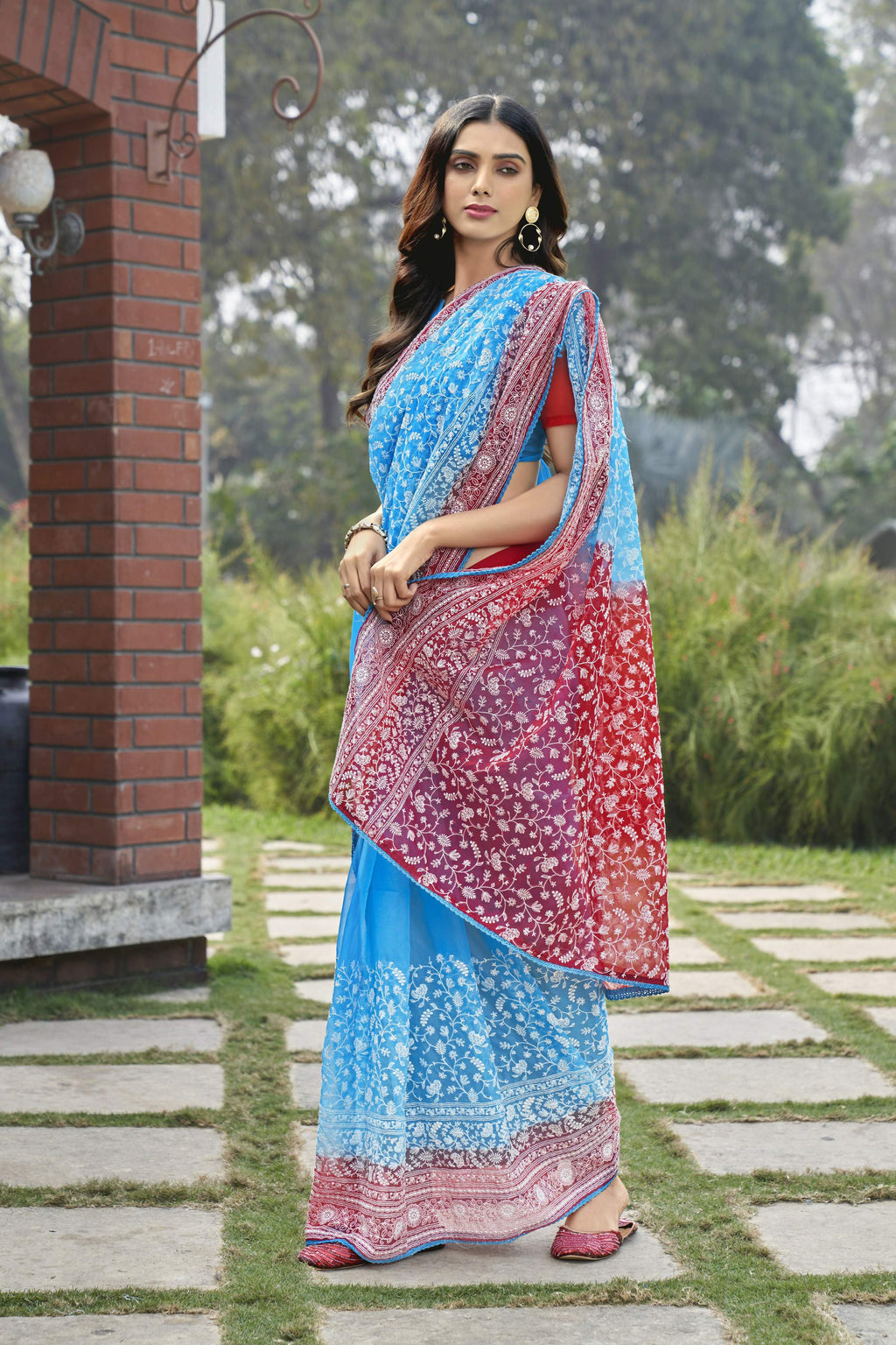 Vamsee Srivani Chikankari Sky Organza Silk Saree
