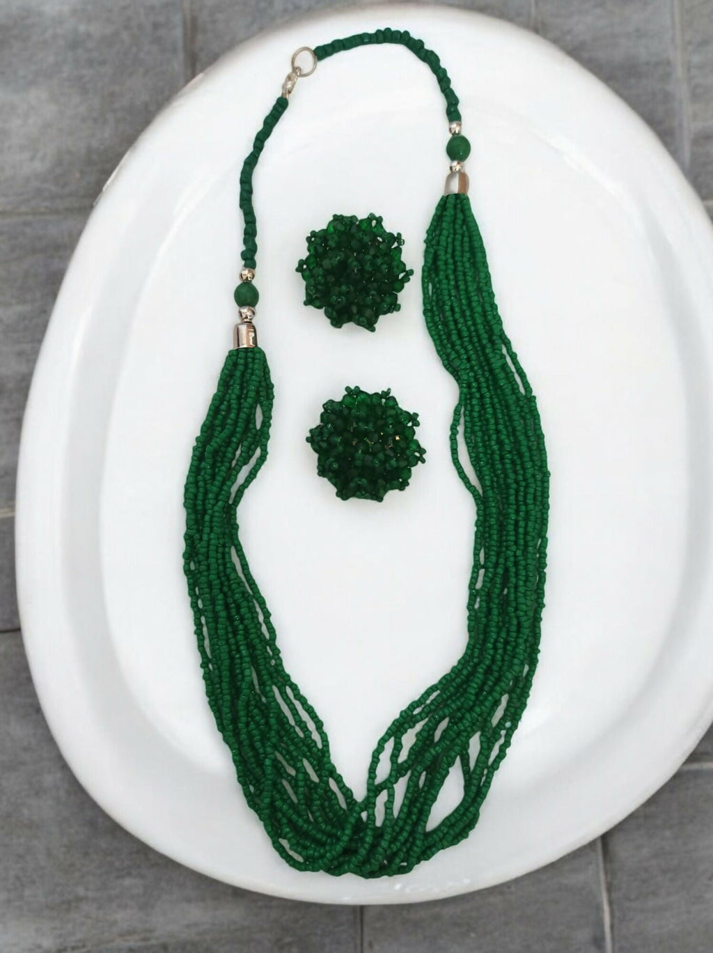 Inhanns Bloom Handmade Beaded Necklace With Earrings - 12 Layers - Darkgreen Necklace Set