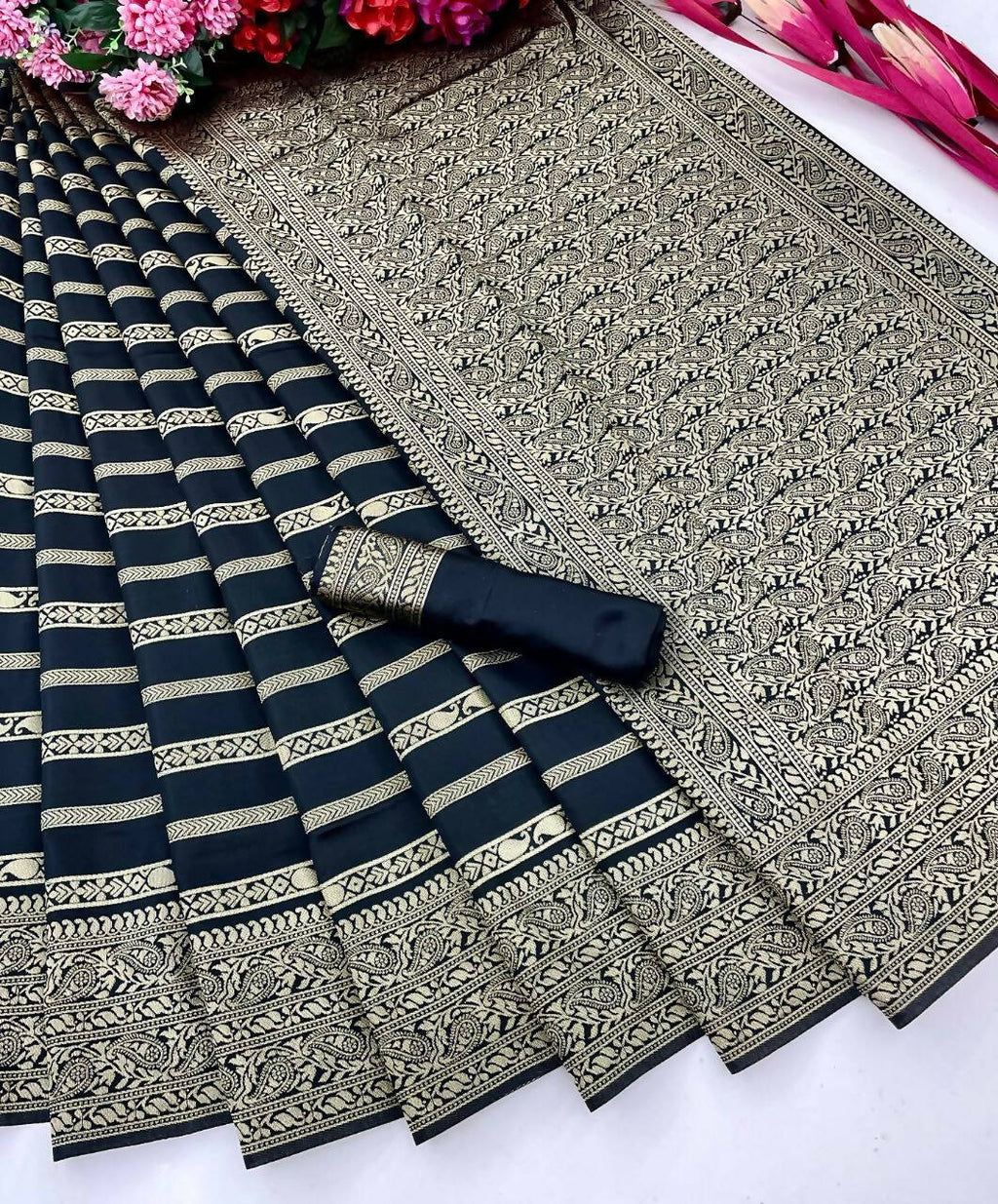 DEIANA'S Beautiful Designer Golden zari Soft Lichi Silk Saree - Black
