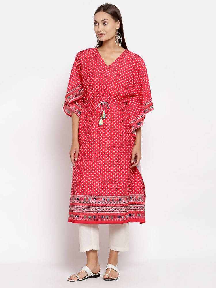 Myshka Women's Red Cotton Printed 3/4 Sleeve V Neck Casual Kaftan