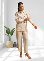Joban Fashion Beige Linen Embroidered Readymade Cord Set - Distacart