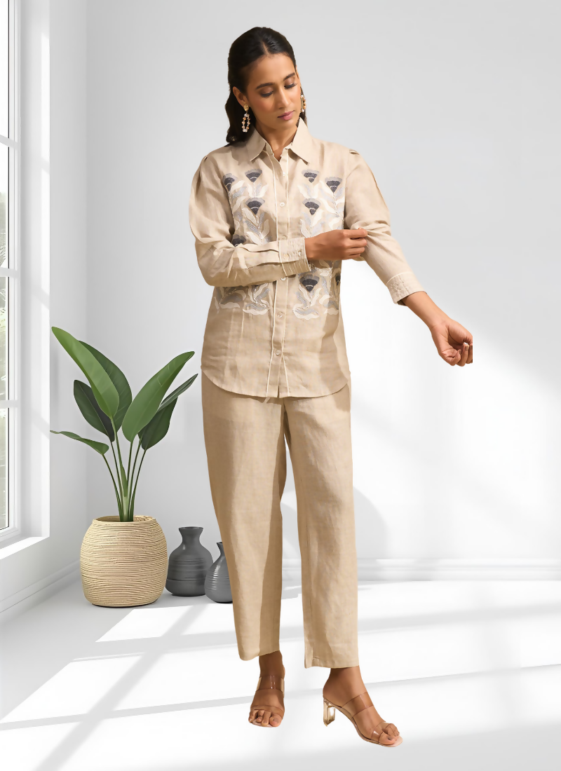 Joban Fashion Beige Linen Embroidered Readymade Cord Set - Distacart