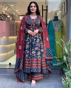 The52 Women's Beautiful Cotton Fabric Printed Work Flared Kurta Palazzo and Dupatta Set - Distacart