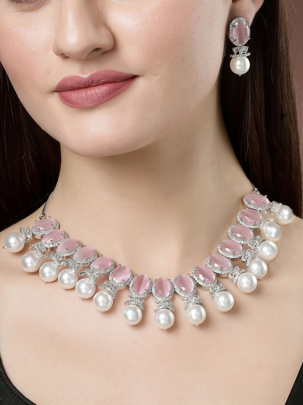 NVR Women's Silver-Plated Pink American Diamond Studded Handcrafted Jewellery Set
