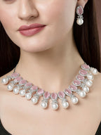 NVR Women's Silver-Plated Pink American Diamond Studded Handcrafted Jewellery Set