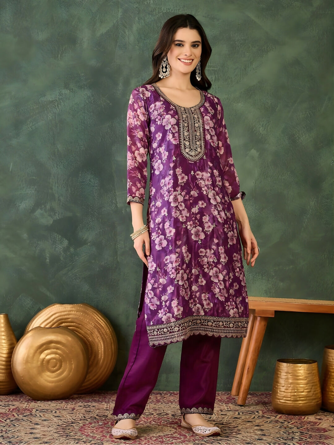 The52 Women's Beautiful Embroidery Work Chinon silk Fabric Straight Kurta Pant and Dupatta Set - Distacart