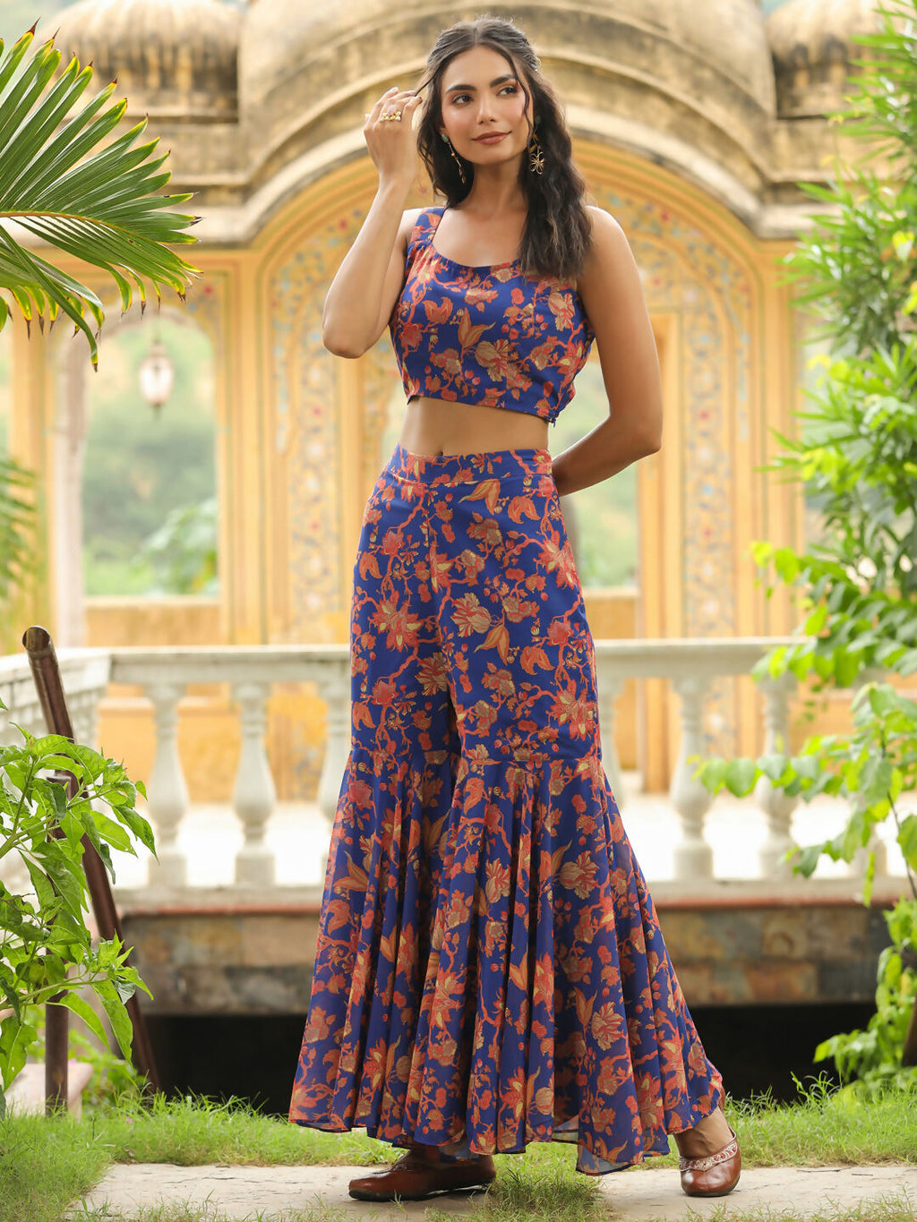 Janasya Navy Blue Georgette Floral Top,Bottom & Jacket