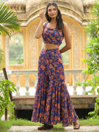 Janasya Navy Blue Georgette Floral Top,Bottom & Jacket