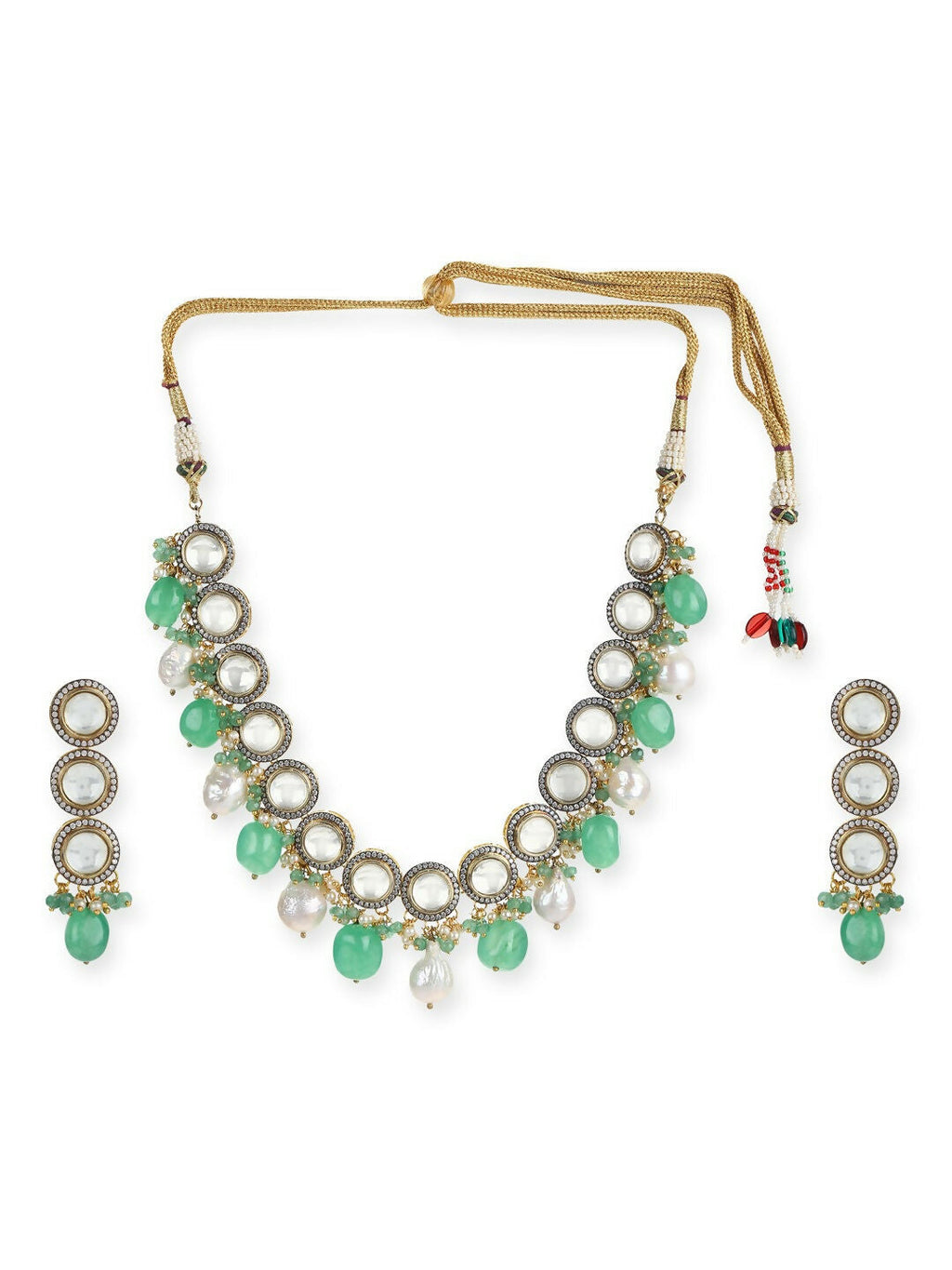 Maharani Green Stone & Kundan Neckpiece with Earrings- Ruby Raang