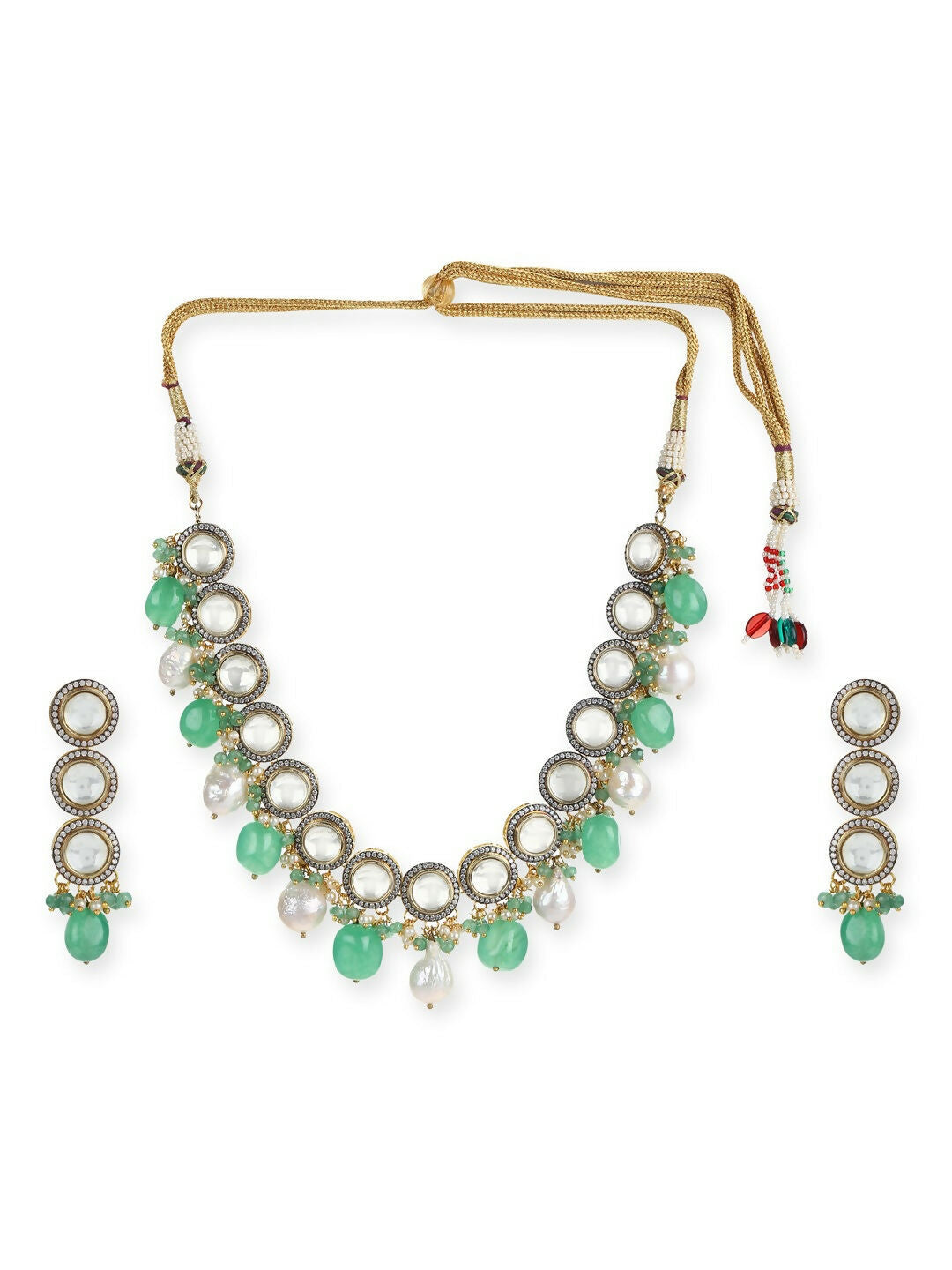 Maharani Green Stone & Kundan Neckpiece with Earrings- Ruby Raang