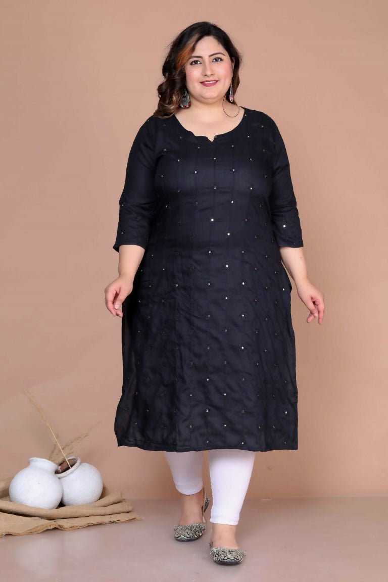 Miravan Women's Plus Size Black Mirror Work Embroidered Pakistani Straight Kurti