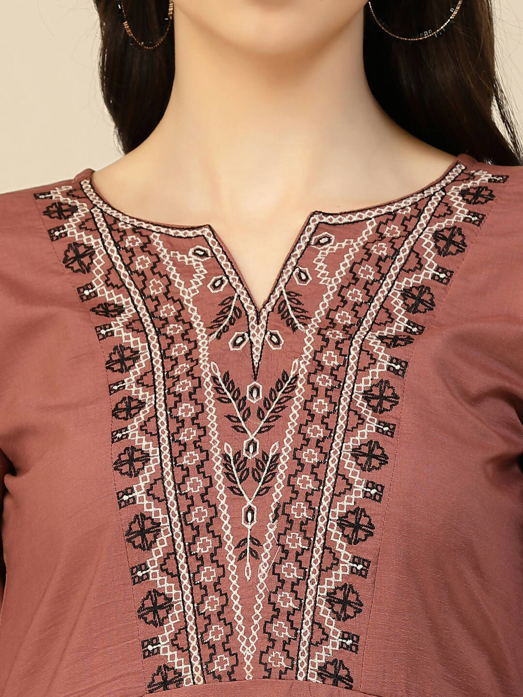 Brown Chinon Floral Embroidered Top - Zeny