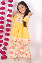Little Bansi Girls Rose print Kurta Frock with Floral Plazzo and Dupatta - Yellow