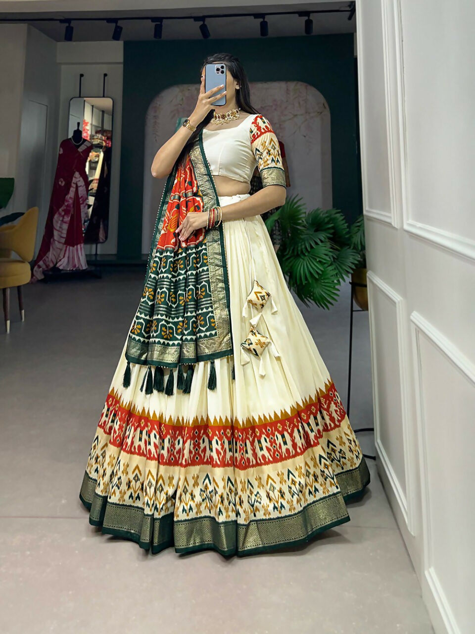 Vastranavya Ethnic Wardrobe with Our Stunning Patola Printed and Foil Work Tussar Silk Lehenga with Unstitched Choli - Off White