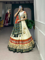 Vastranavya Ethnic Wardrobe with Our Stunning Patola Printed and Foil Work Tussar Silk Lehenga with Unstitched Choli - Off White