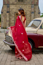 Vastranavya Red Embroidery Work Shimmer Chiffon Saree with Unstitched Blouse - Distacart