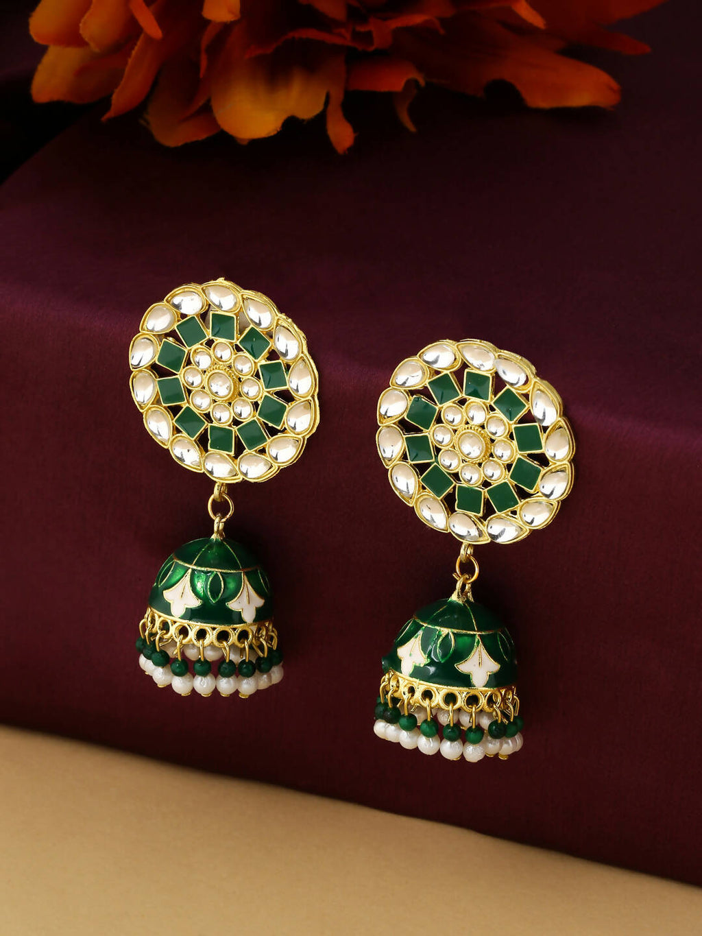 NVR Women Gold Plated Green Dome Shaped Meenkari Jhumkas Earrings - Distacart