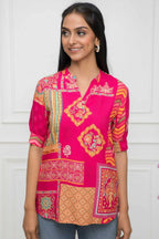 Myshka Women Red Floral Mandarin Collar Regular Sleeves Viscose Rayon Top - Distacart
