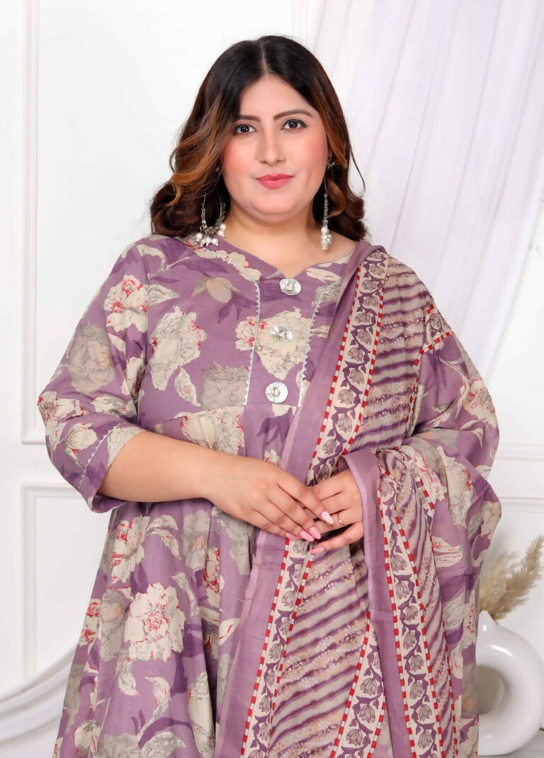 Miravan Women's Plus Size Purple Flower Printed With Beautiful Lace Border Details Anarkali Kurta With Dupatta Set