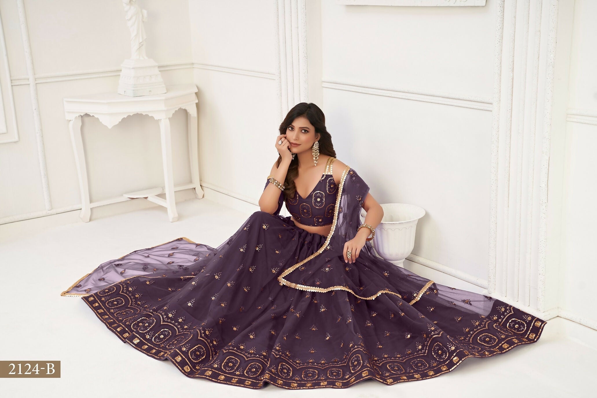 Eilara Women'S Dusty Wine Butterfly Net With Tone Thread Work And Sandwich Embroidered Work Lehenga Choli For Wedding