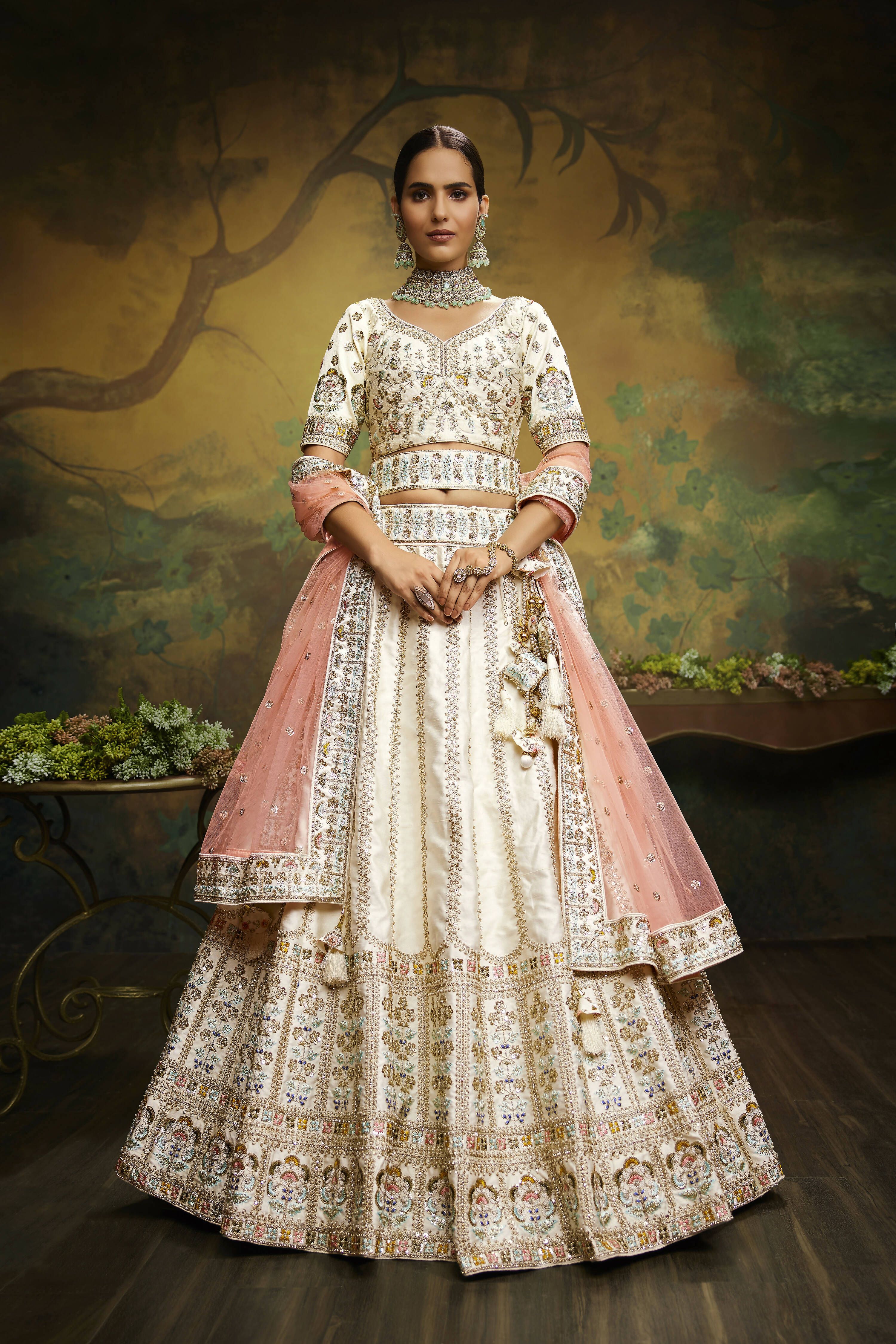 House of Panchhi Off White Pure Silk Moti & Zarkan heavy embroidery Lehenga choli & Dupatta