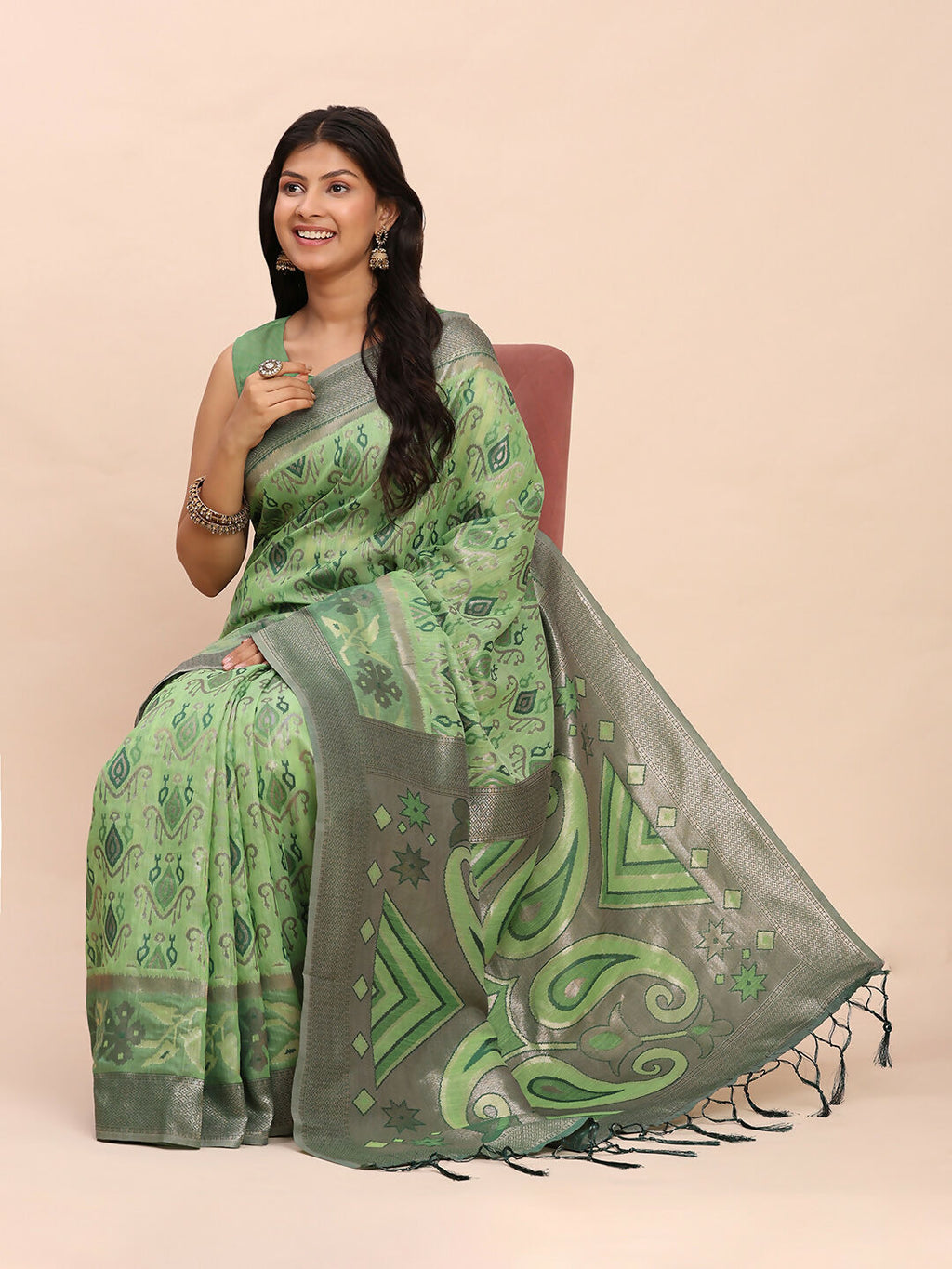 Shree Shyam Fashion Linen Cotton Green Saree - Distacart