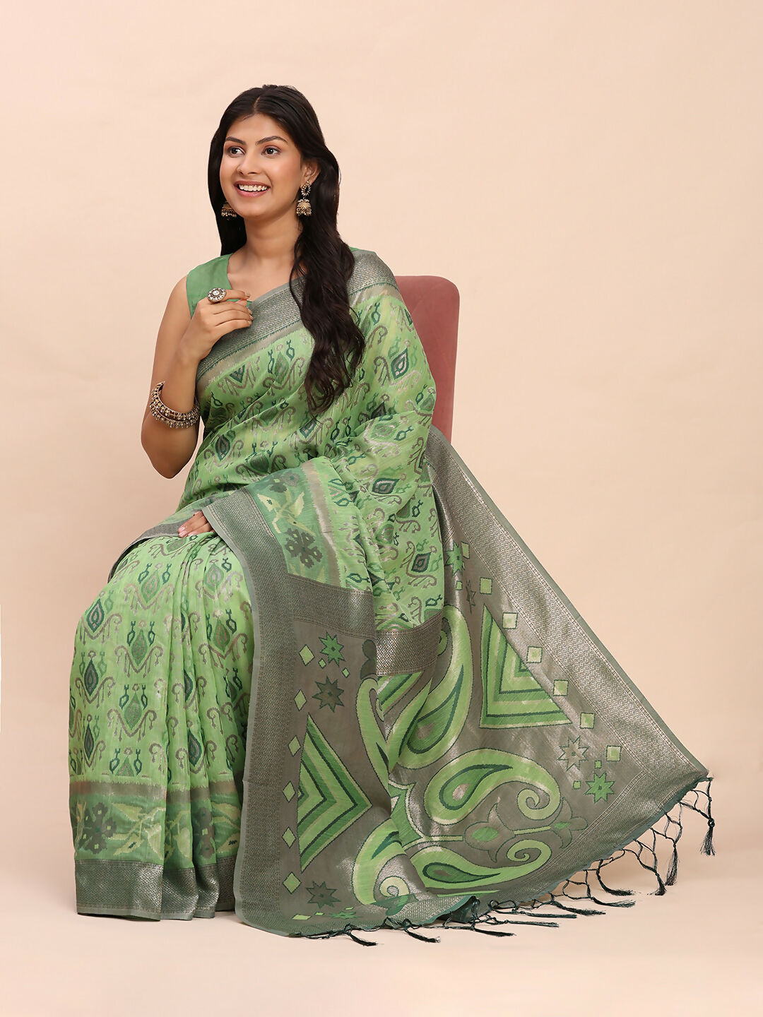 Shree Shyam Fashion Linen Cotton Green Saree - Distacart