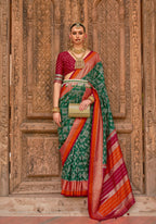 Green Silk Abstract Printed Saree With Unstitched Blouse Piece - Aanchal