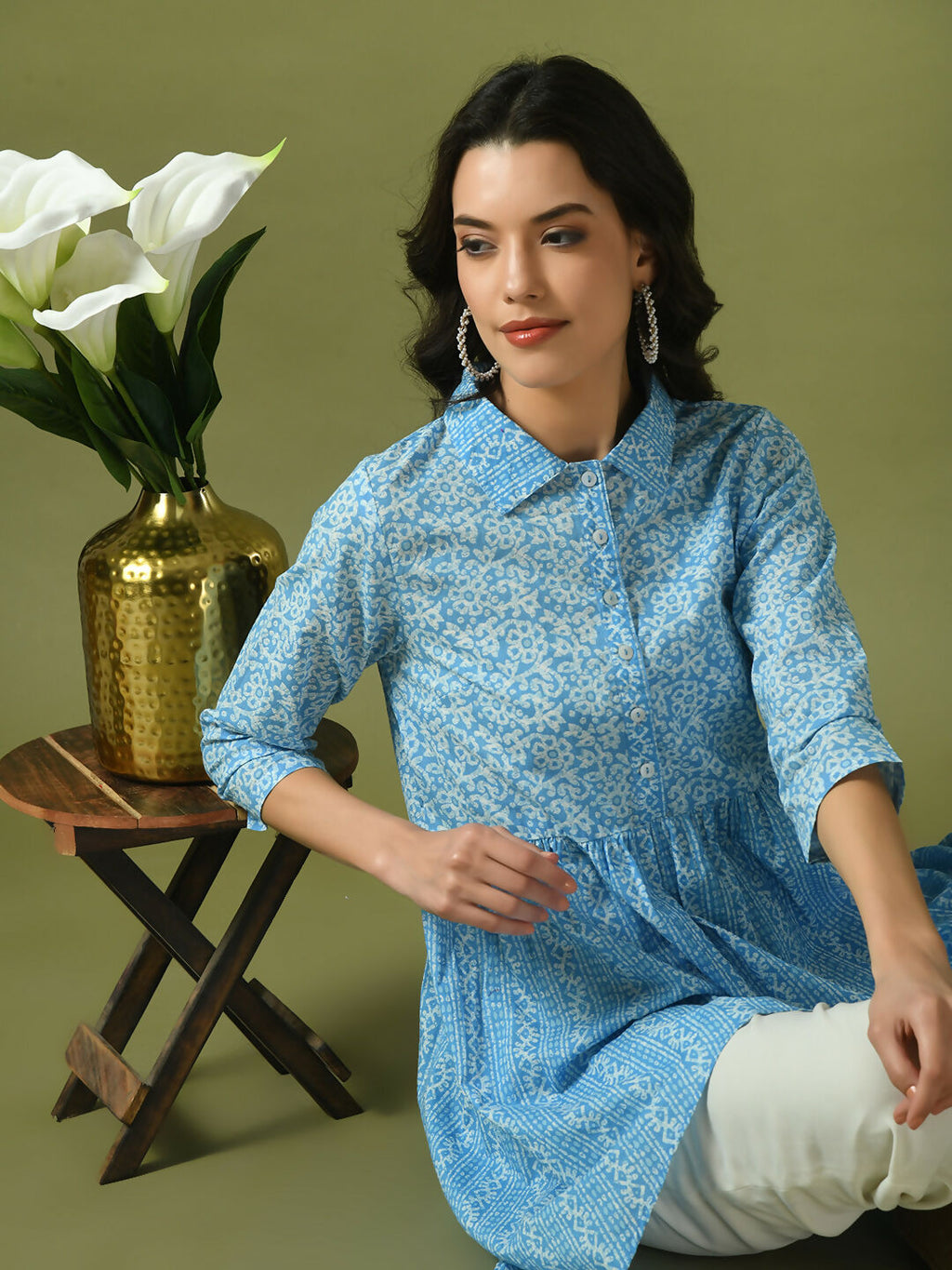 Myshka Women's Blue Embellished Cotton Gathered Party Empire Top