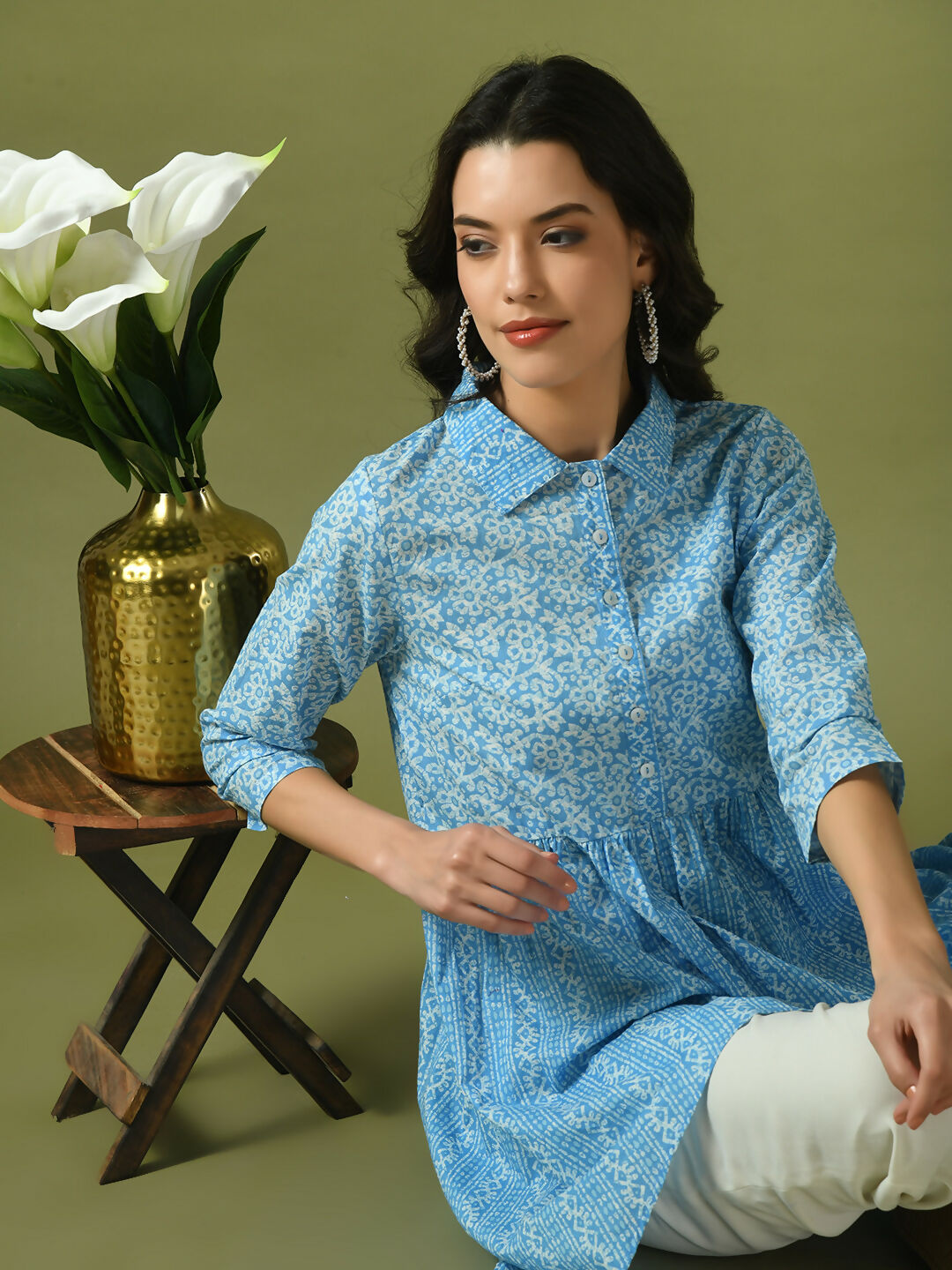 Myshka Women's Blue Embellished Cotton Gathered Party Empire Top
