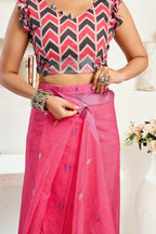 Vastranavya Pink Digital Printed Linen Ready To Wear Designer Saree with Unstitched Blouse - Distacart
