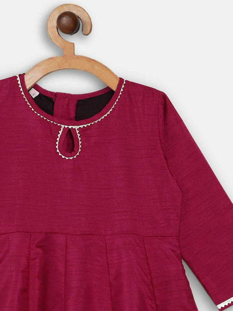 Ahalyaa Wine Poly Silk Curved Kids Kurta Palazzo Set With Bottom For Girls