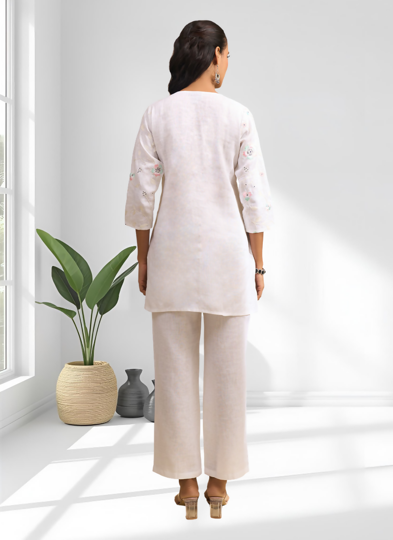 Joban Fashion Off White Linen Embroidered Readymade Cord Set - Distacart