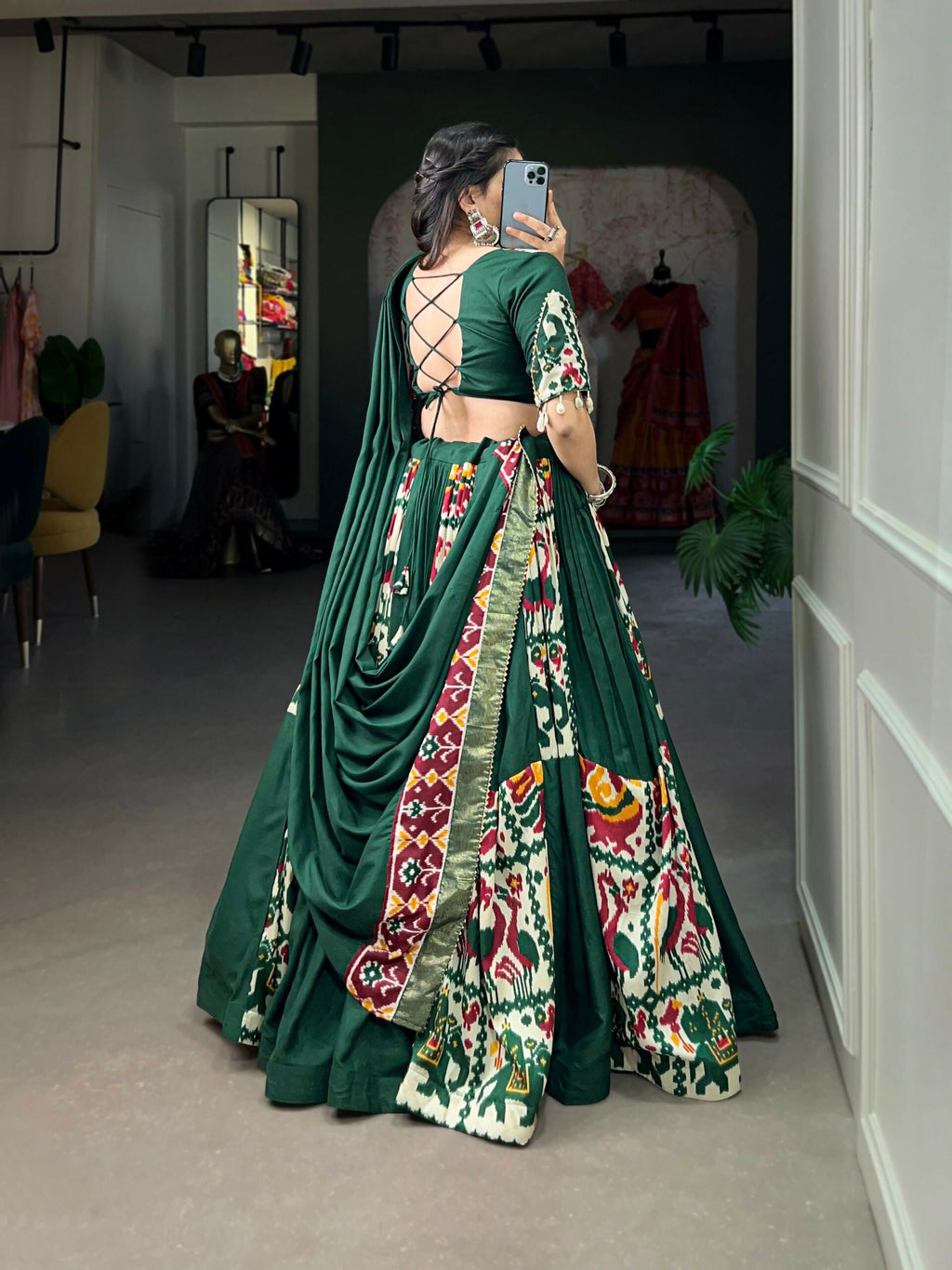 Vastranavya Navaratri Special Rayon with Printed Silk Lehenga with Stitched Choli - Green