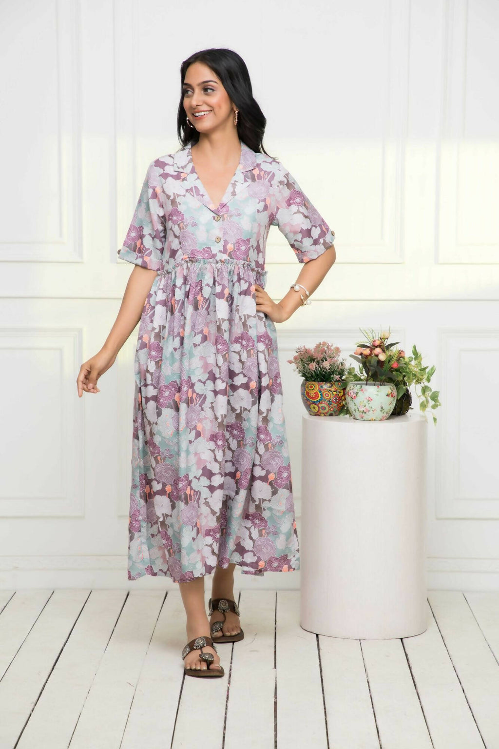 Myshka Women Multi-Floral Rayon A-Line V-Neck Dress - Distacart