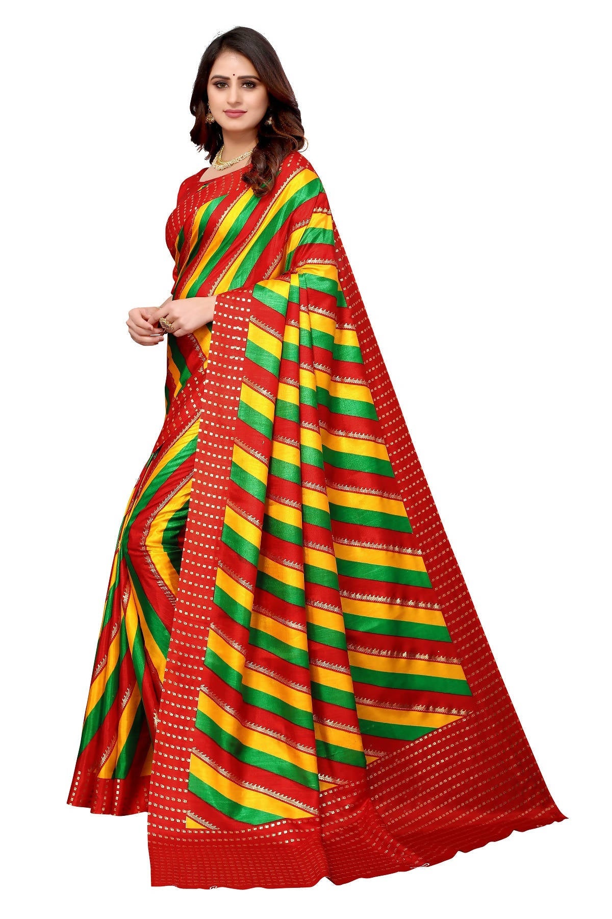 Vamika Ethnic Fire Red Foil Print Art Silk Saree - Distacart