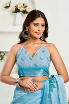 Vastranavya Sea Blue Digital Printed Linen Ready To Wear Designer Saree with Unstitched Blouse - Distacart