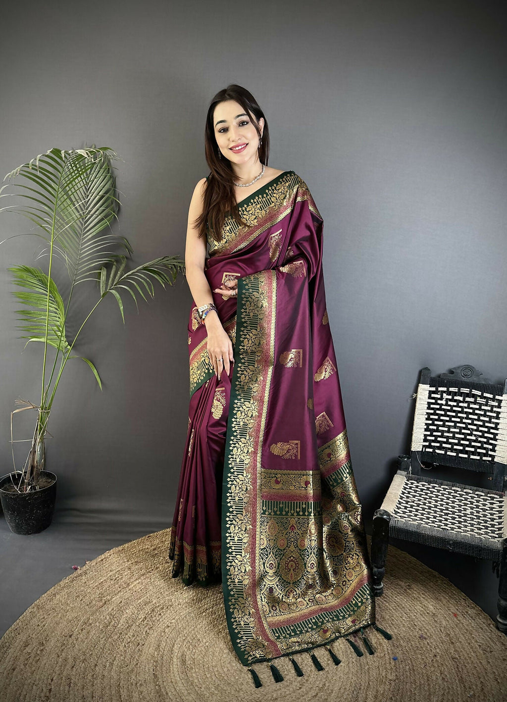 Joban Fashion Maroon Banarasi Soft Silk Peacock Butta Work Saree - Distacart