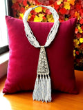 Inhanns Day-To-Dinner Tie Shaped Oxidized Black Metal Multi-Layered Long Necklace Set - White