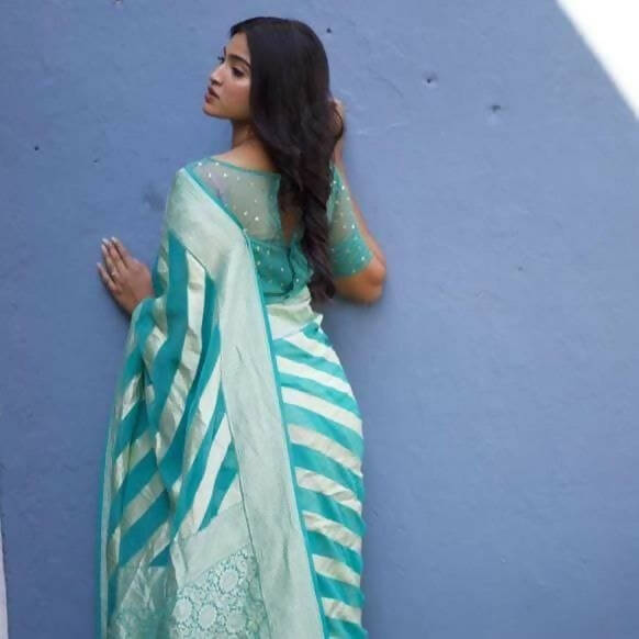 DEIANA'S Beautiful Designer Golden zari Soft Lichi Silk Saree - Sky