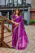 Vastranavya Purple Embroidery Work Shimmer Chiffon Saree with Unstitched Blouse - Distacart