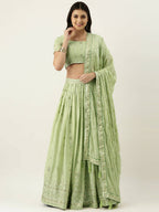 House of Panchhi Pista Green Pure Georgette Embroidered Lehenga & Blouse, Dupatta