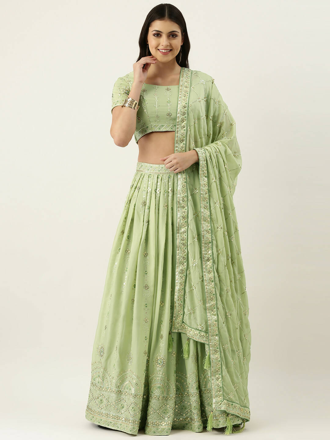 House of Panchhi Pista Green Pure Georgette Embroidered Lehenga & Blouse, Dupatta