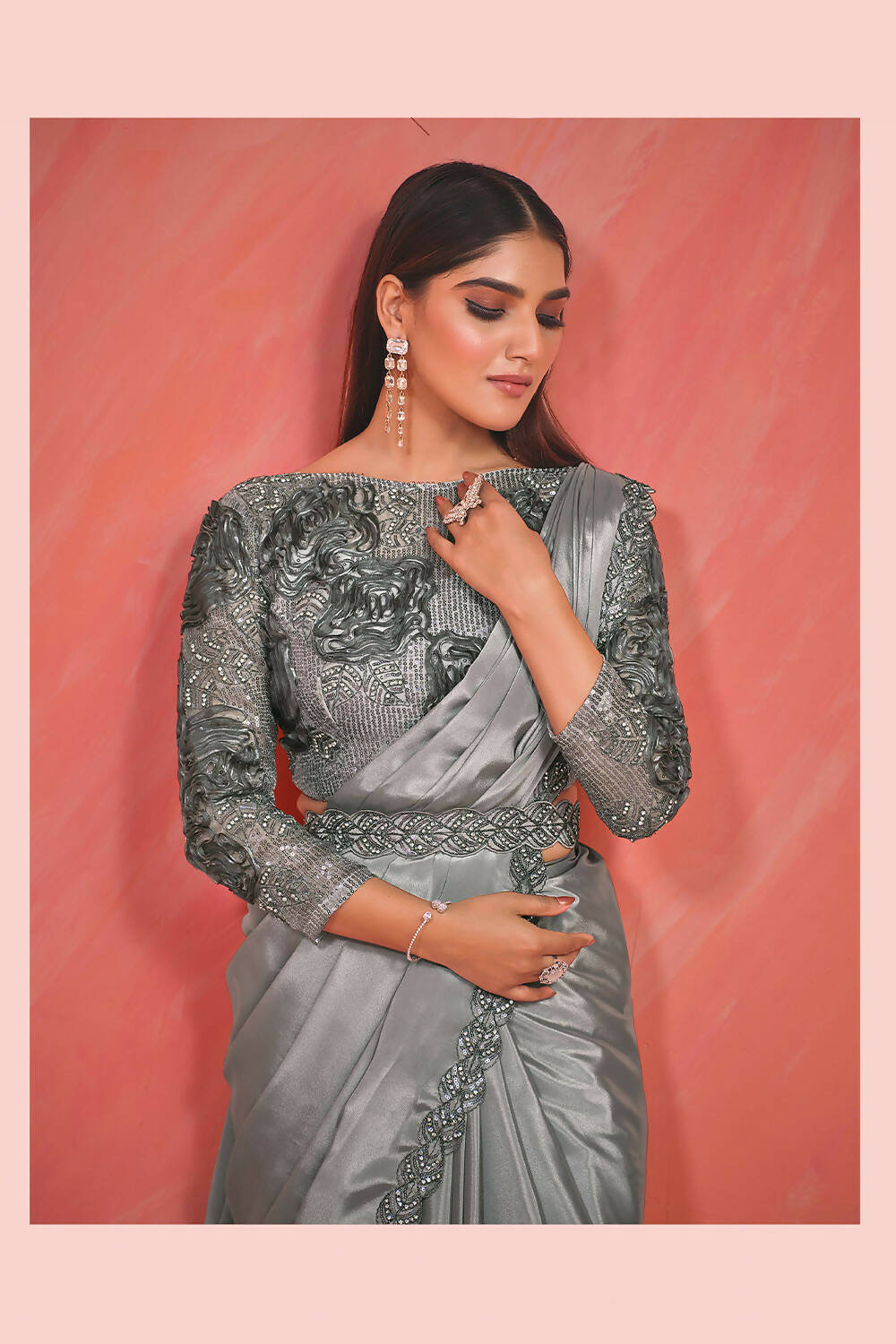 Silver Grey Crepe Silk Satin Cord & Sequence Embroidery with Thread & Stone Work Saree With Stitched Blouse - Mohmanthan Elegancia