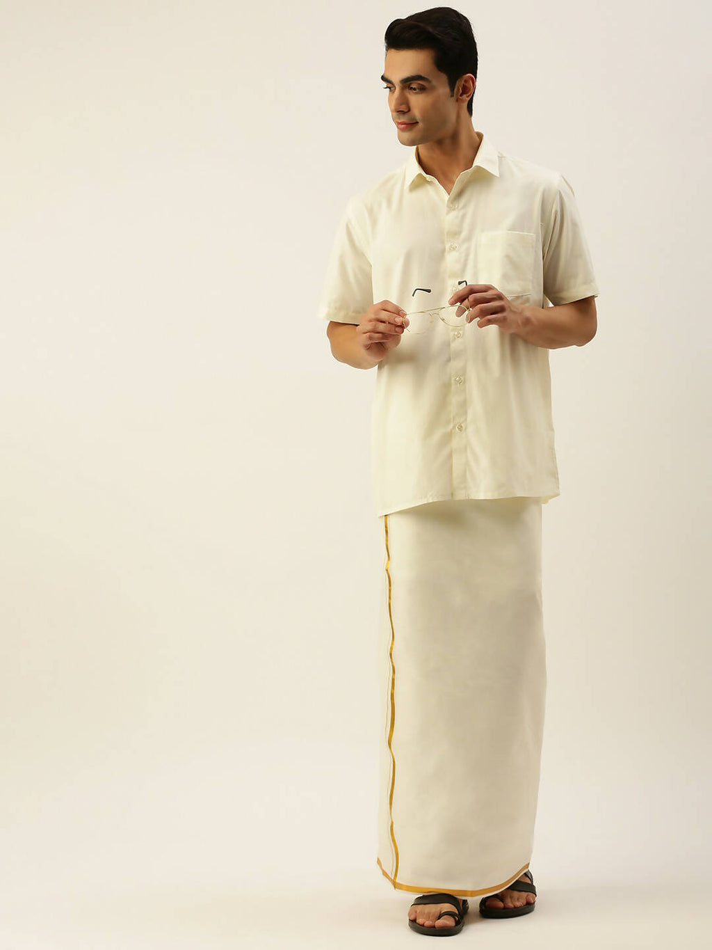 Ramraj Cotton Mens Pure Cotton 1/2 Inch Gold Jari Dhoti - Cream