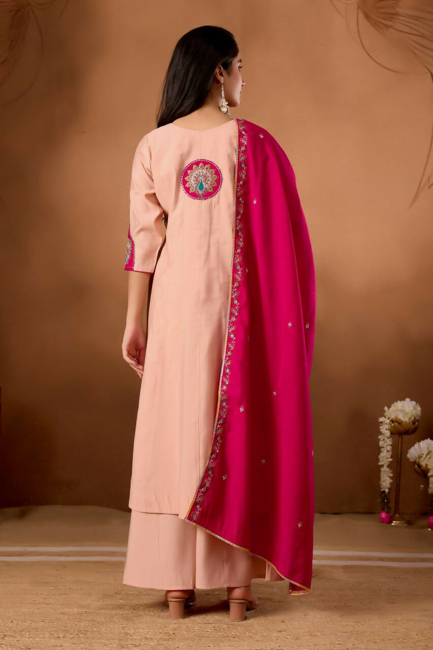Lehenga Mart Designer Front-Slit Kurta, Paired With Wide-Leg Palazzo Pants And A Dupatta.-Peach - Distacart